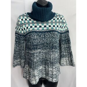 Decree Y2K Blue Flare Chunky Knit 3/4 Sleeve Turtleneck Sweater Size M/L Retro